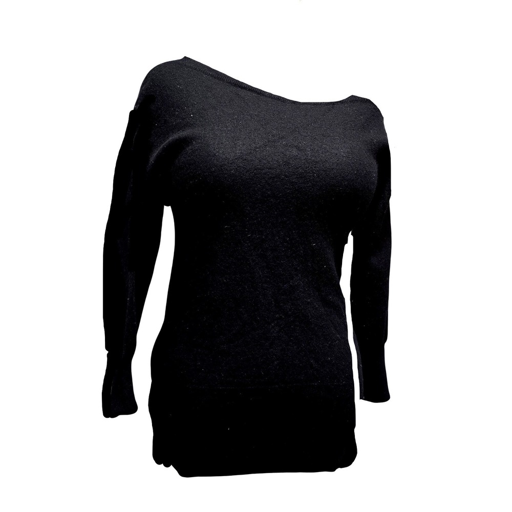 Ramy Brook Black Off Shoulder Long Sleeve Button detail Knit Sweater S cashmere